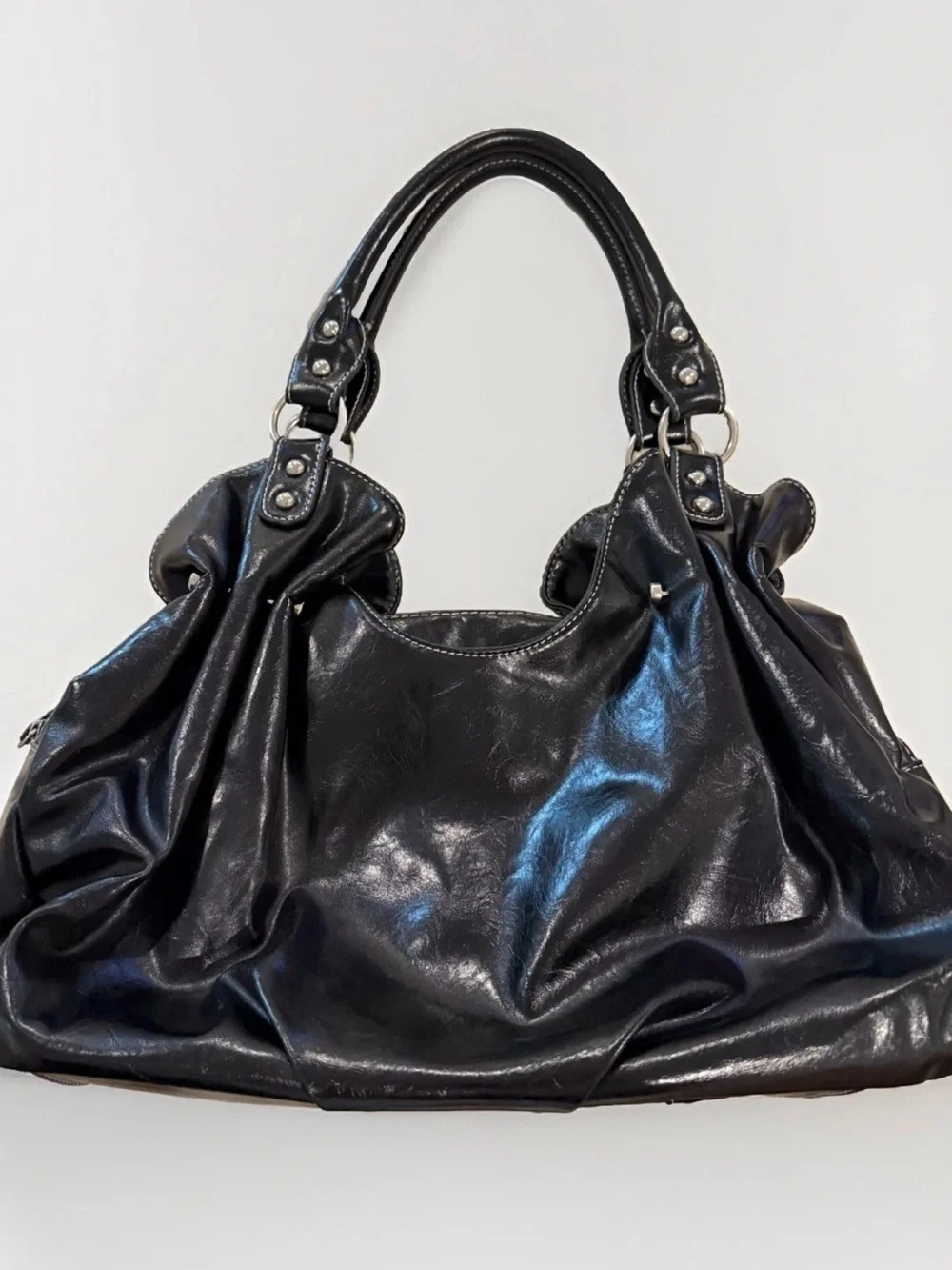 Y2K Black Studded Shoulder Bag Oversized Multicolored Flower Rhinestone Slouch